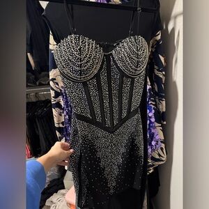 Fashion nova black sheer Rhinestone Embellished Corset Dress BRAND NEW Not worn